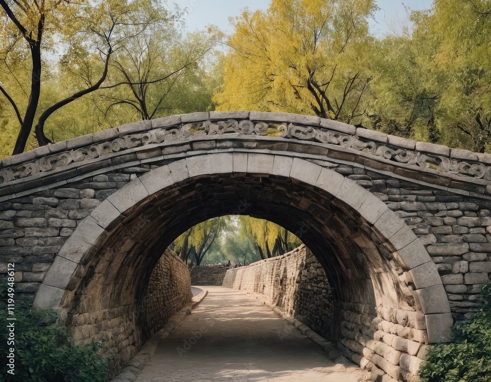 An impressive stone bridge gracefully spans a body of water in a beautiful park