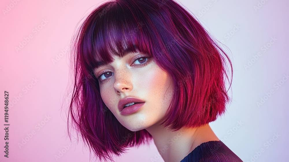 The deep magenta bob hairstyle, featuring sharp bangs, perfectly enhances the chic and stylish aesthetic in a modern studio environment The deep magenta bob hairstyle, featuring sharp bangs, perfectly enhances the chic and stylish aesthetic in a modern studio environment