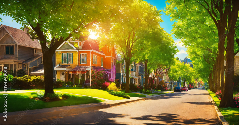Obraz premium a picturesque suburban neighborhood street lined with classic houses and trees glowing in the radiant morning sunlight