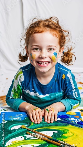 Happy little girl covered in paint surrounded by brushes and a vibrant abstract painting in background. Happiness or creative, playing or art fun and cheerful or excited young child with painting