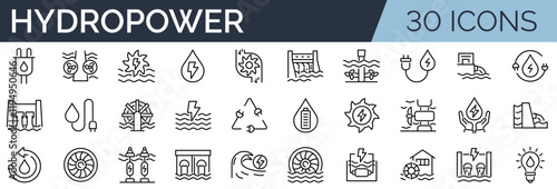 Set of 30 outline icons related to hydropower. Linear icon collection. Editable stroke. Vector illustration	