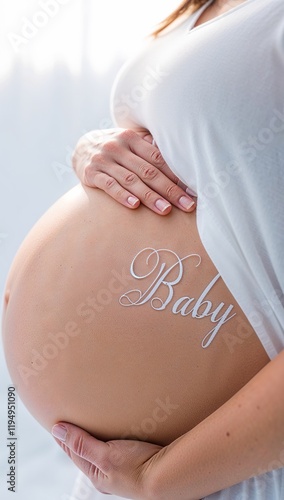 Close-up of a pregnant belly with hands gently cradling it, baby name text overlay on a soft light background. Ideal for maternity, family, and parenting