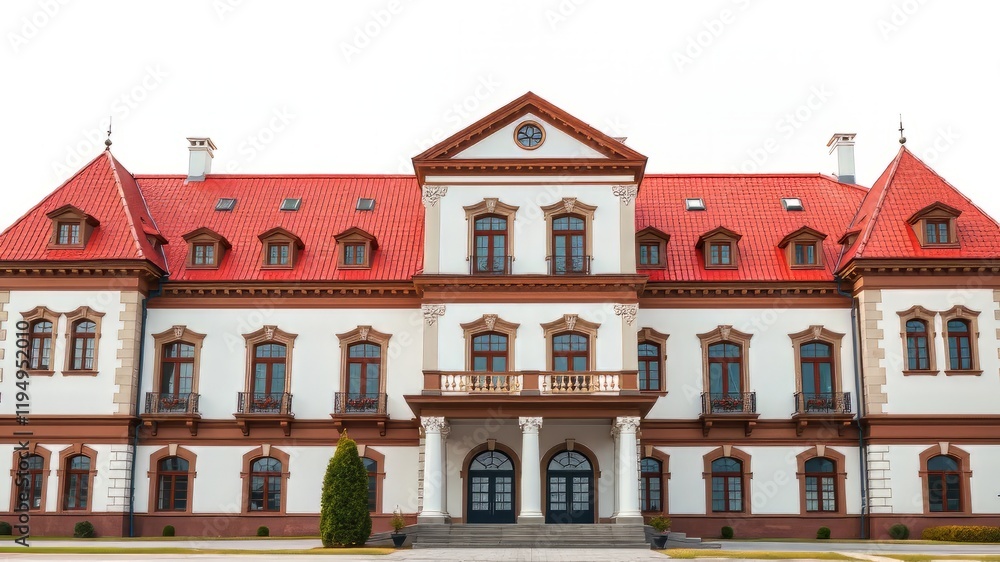 Fototapeta premium Majestic White Building with Red Roof - Architectural Photography