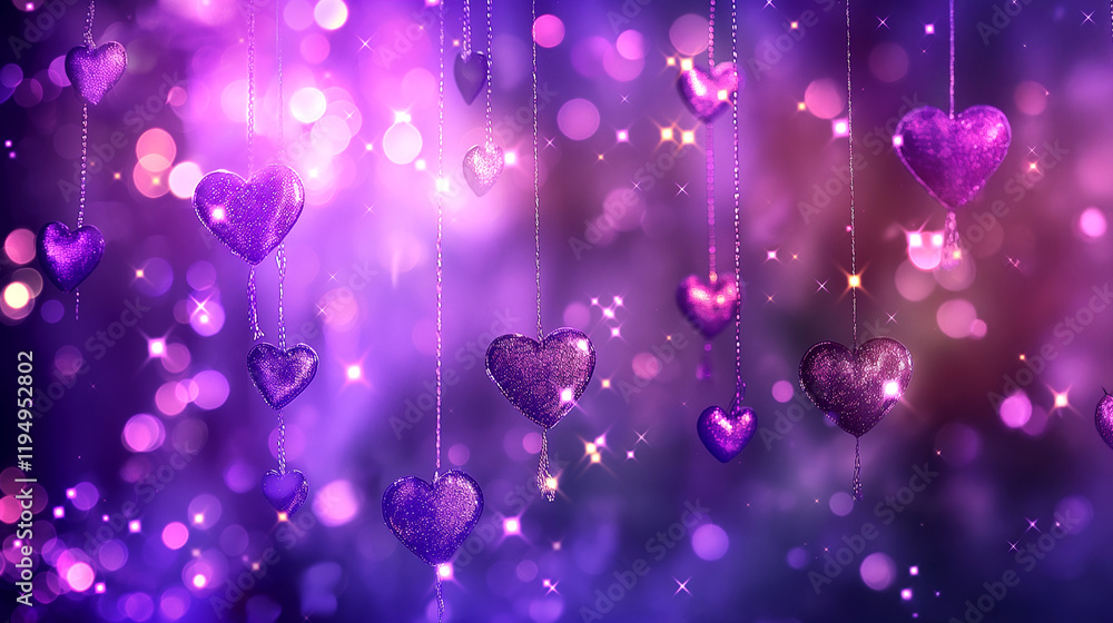 Sparkling purple heart decorations with glowing bokeh lights for romantic designs and event invitations. Copy space Sparkling purple heart decorations with glowing bokeh lights for romantic designs and event invitations. Copy space