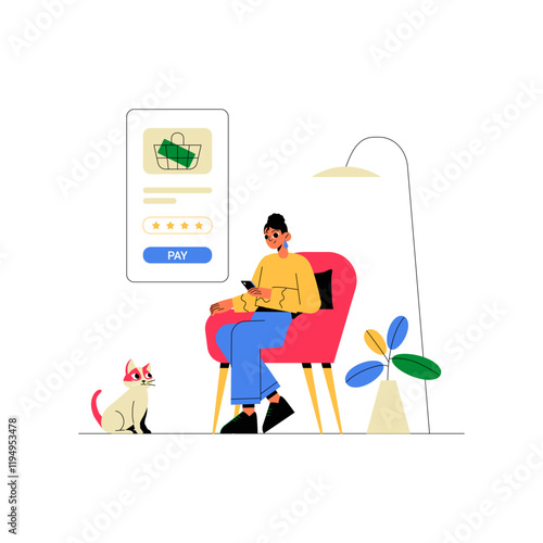 Female Shopper Using Smartphone In Modern Setting With Shopping Payment Interface And Pet Cat. Flat Vector Illustration About Online Purchases, Technology, And Lifestyle, Isolated On White