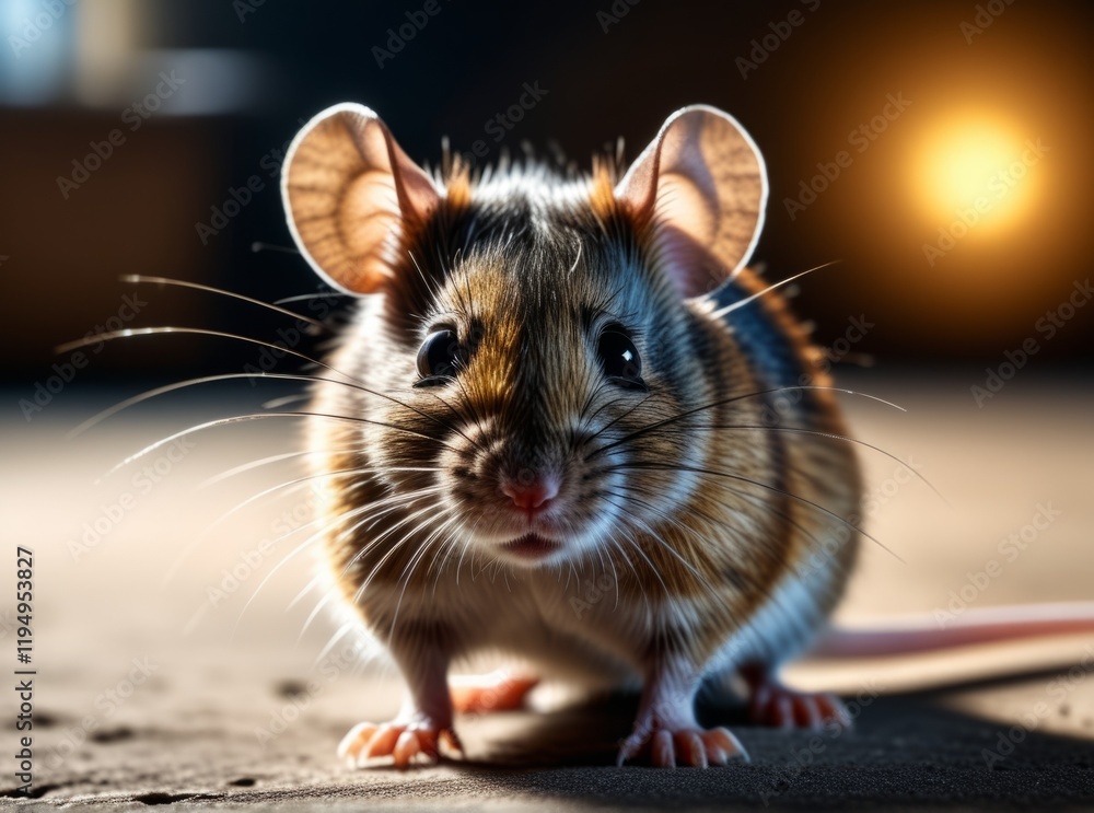 Close-up of a curious mouse exploring its surroundings in a warm, softly lit environment Close-up of a curious mouse exploring its surroundings in a warm, softly lit environment