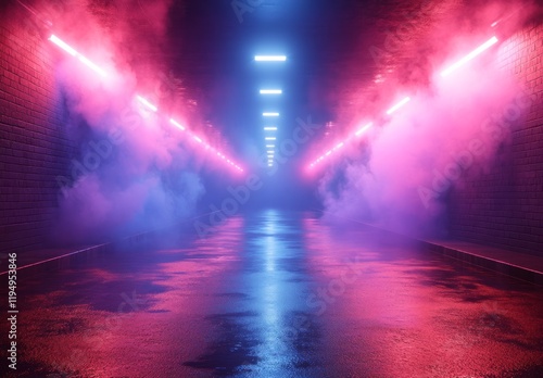Wallpaper Mural Futuristic Neon Tunnel with Vibrant Pink and Blue Lights Reflecting on a Wet Floor, Surrounded by Fog and Atmospheric Glow Torontodigital.ca