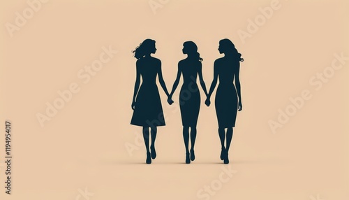 A chic silhouette of three women holding hands, standing in elegant dresses, representing friendship, empowerment, and unity against a soft beige background.
