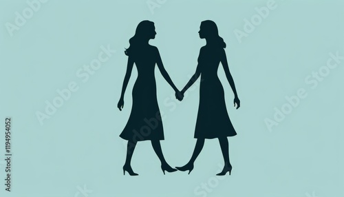 A stylish silhouette of two women holding hands, embodying unity and support, set against a gentle blue background, illustrating connection and friendship. photo