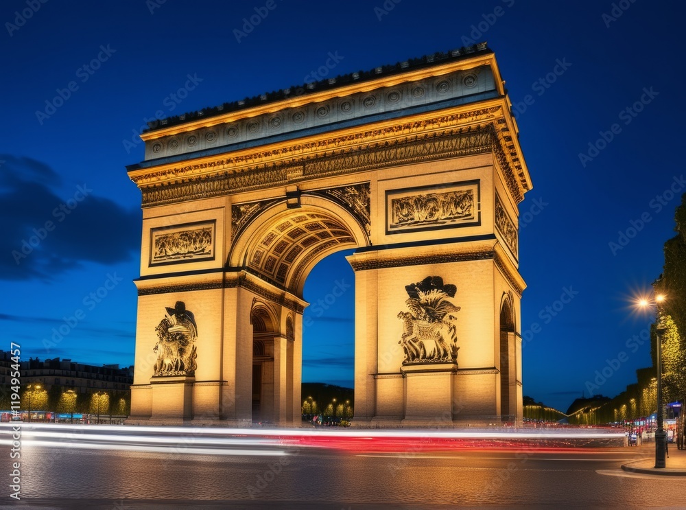 Iconic Arc de Triomphe illuminated at night in Paris, showcasing stunning architecture and surrounding city life Iconic Arc de Triomphe illuminated at night in Paris, showcasing stunning architecture and surrounding city life