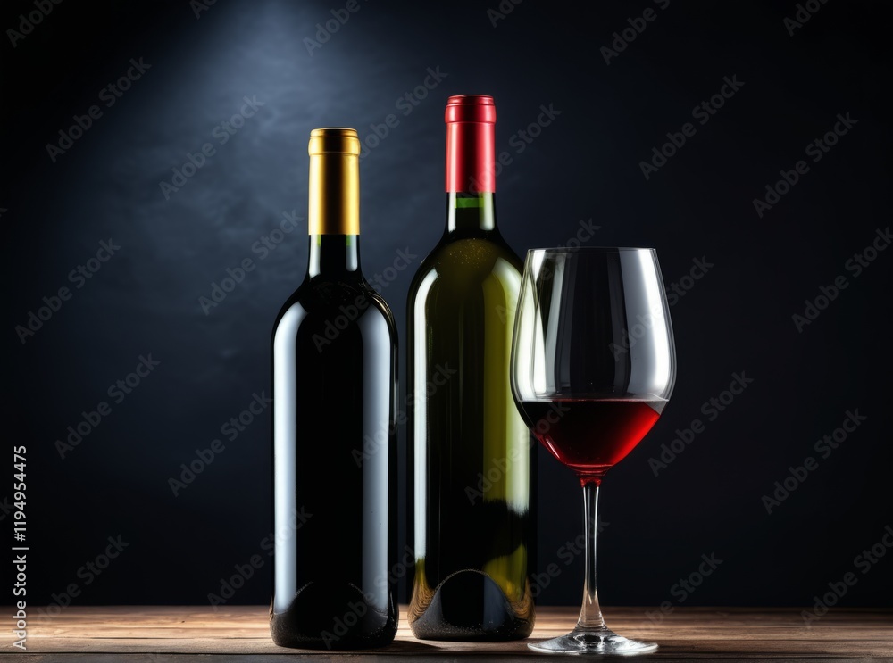 Elegant wine bottles and a glass showcasing rich red wine against a dark background Elegant wine bottles and a glass showcasing rich red wine against a dark background