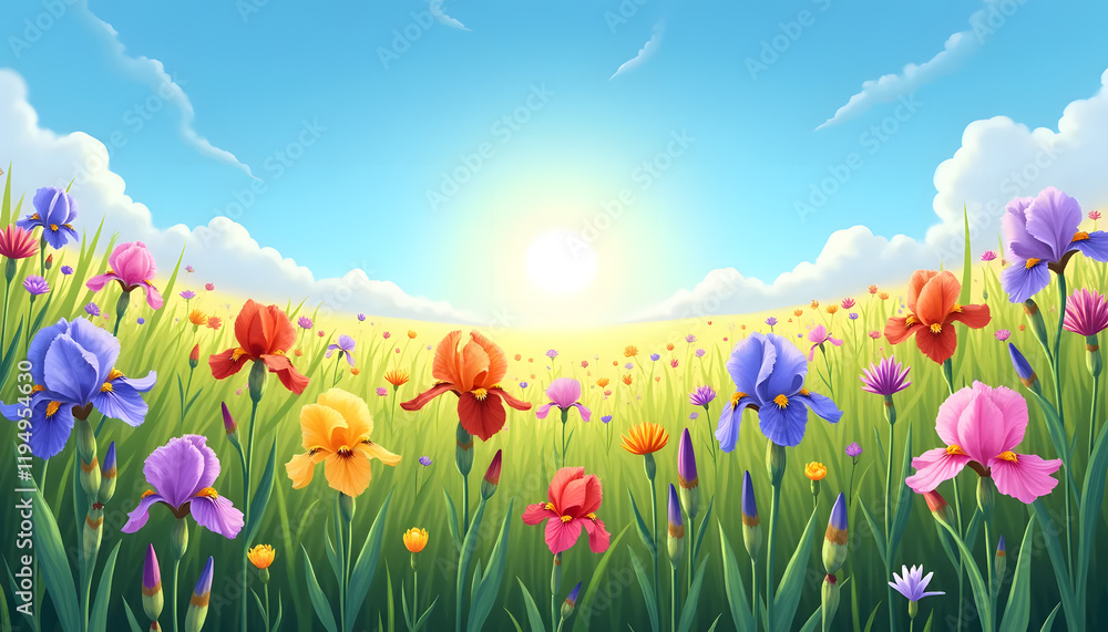 Obraz premium Meadow of colorful irises basking in the warm sunlight under a bright blue sky