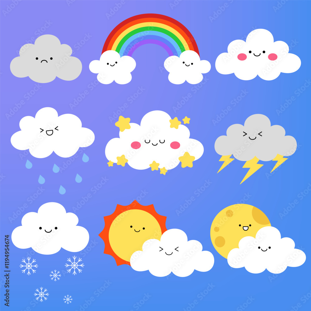 illustration of Weather forecast symbols emoticon character flat icon set. illustration of Weather forecast symbols emoticon character flat icon set.