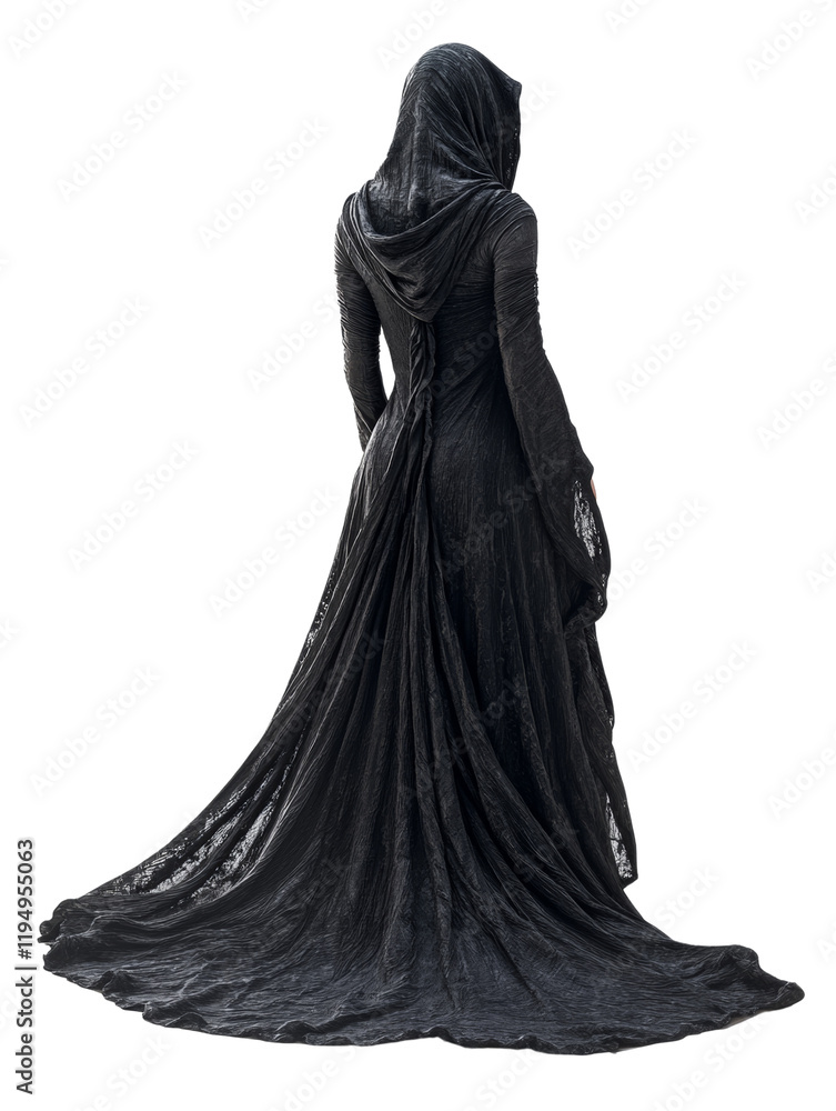 A mysterious woman in a long dark hooded gown stands alone against a black background her back facing the viewer. A mysterious woman in a long dark hooded gown stands alone against a black background her back facing the viewer.