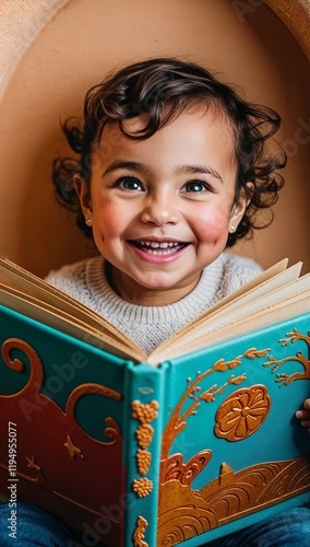 Cute child holds paper book in hands. Happy little boy reading fairy tale, story. Funny kid learning literature. Preschool education