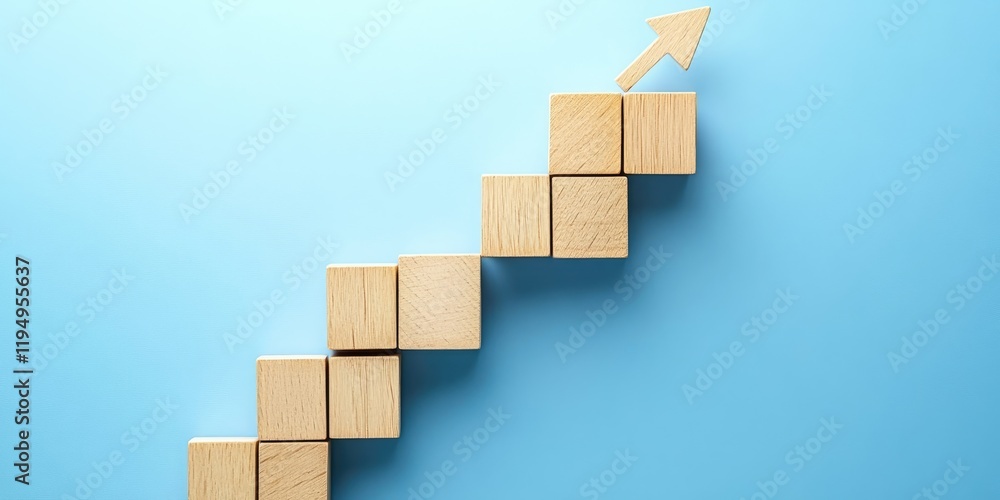 Wooden blocks arranged in a stair-step pattern on a blue background with an upward arrow symbolizing business growth and success upward trajectory Wooden blocks arranged in a stair-step pattern on a blue background with an upward arrow symbolizing business growth and success upward trajectory