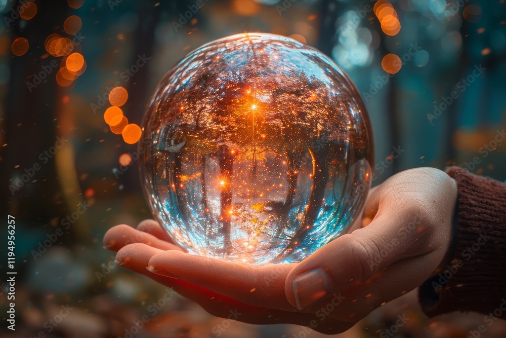 Fototapeta premium Captivating glass sphere held in hand reveals enchanting forest landscape with twinkling lights at dusk