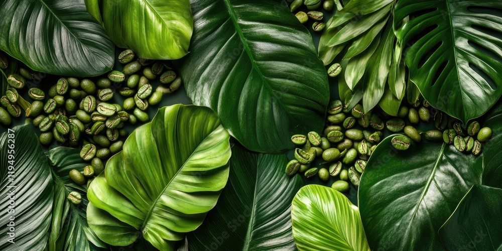 Obraz premium Vibrant green coffee beans scattered among rich tropical leaves in varying shades of green, creating a lush and natural background scene.