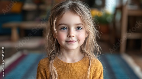 Girl smiling, indoor portrait, home, bokeh background, child model