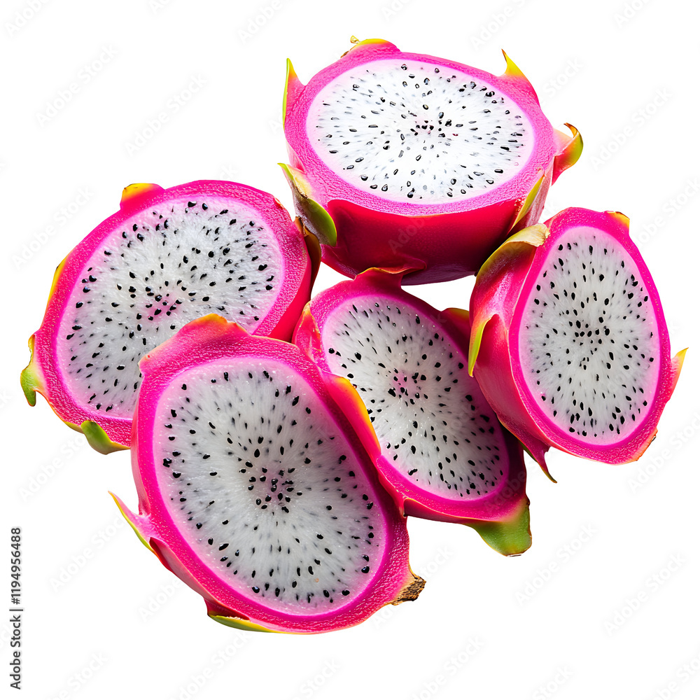 Sliced Dragon Fruit Isolated on White Background, Vibrant Tropical Fruit Segments, Exotic Food Photography Sliced Dragon Fruit Isolated on White Background, Vibrant Tropical Fruit Segments, Exotic Food Photography