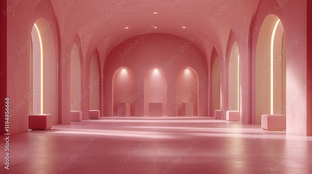 Fototapeta premium Pink Palace Hallway: A long hallway with arched doorways and soft pink walls creates an elegant and serene atmosphere. The soft lighting enhances the luxurious feel of the space. 