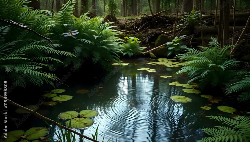 Naklejka premium a pond with lily pads in the middle of a forest