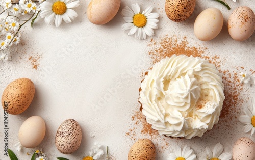 A festive cupcake adorned with creamy frosting and colorful eggs sits invitingly on a table, celebrating the joy of Easter.