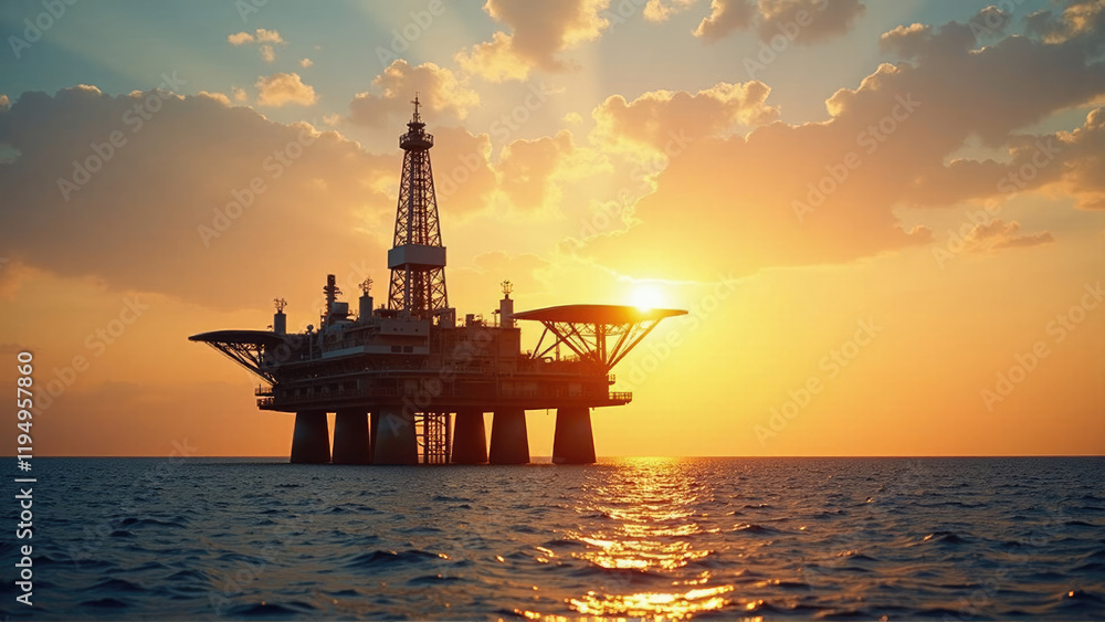 Sunset over offshore oil rig surrounded by calm ocean waters and colorful sky Sunset over offshore oil rig surrounded by calm ocean waters and colorful sky