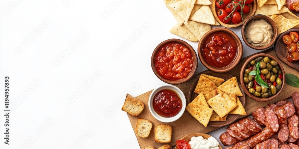 Delicious assortment of appetizers featuring spicy dips, olives, crackers, and cured meats arranged on a wooden platter against a white background Delicious assortment of appetizers featuring spicy dips, olives, crackers, and cured meats arranged on a wooden platter against a white background