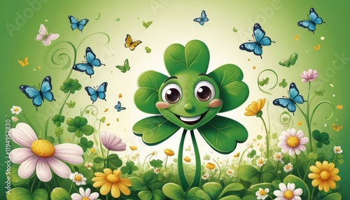 A cheerful cartoon clover with a smile stands amidst colorful flowers and butterflies, creating a joyful scene of nature and happiness