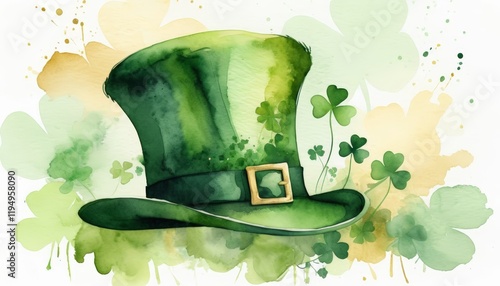 A lush green leprechaun hat rests amidst watercolor clovers, evoking a sense of tradition and celebration associated with St. Patrick's Day