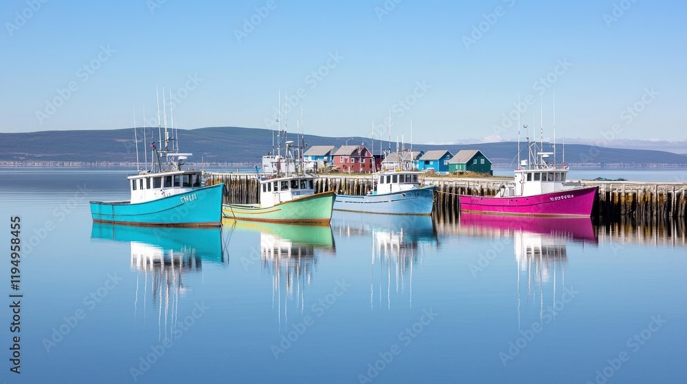 Fototapeta premium Colorful boats docked by a serene waterfront under clear skies.