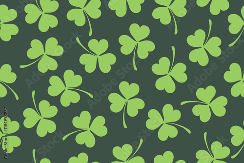 Seamless pattern of clover leaves for St. Patrick's Day. Clover leaves on green background. Suitable for wrapping paper, wallpaper, background, card and decoration. Vector