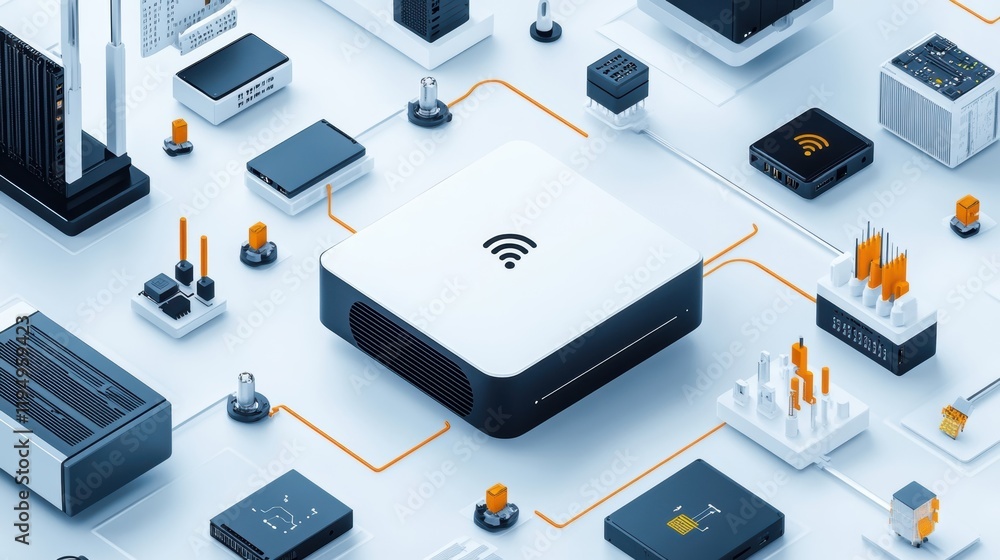 A network router positioned strategically amidst machines and sensors exemplifying the backbone of 5G connectivity that enables instant communication between an array of IoT devices.