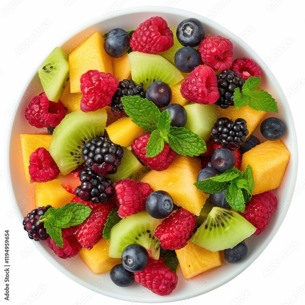 A colorful fruit salad with fresh berries, melon, and mint leaves A colorful fruit salad with fresh berries, melon, and mint leaves