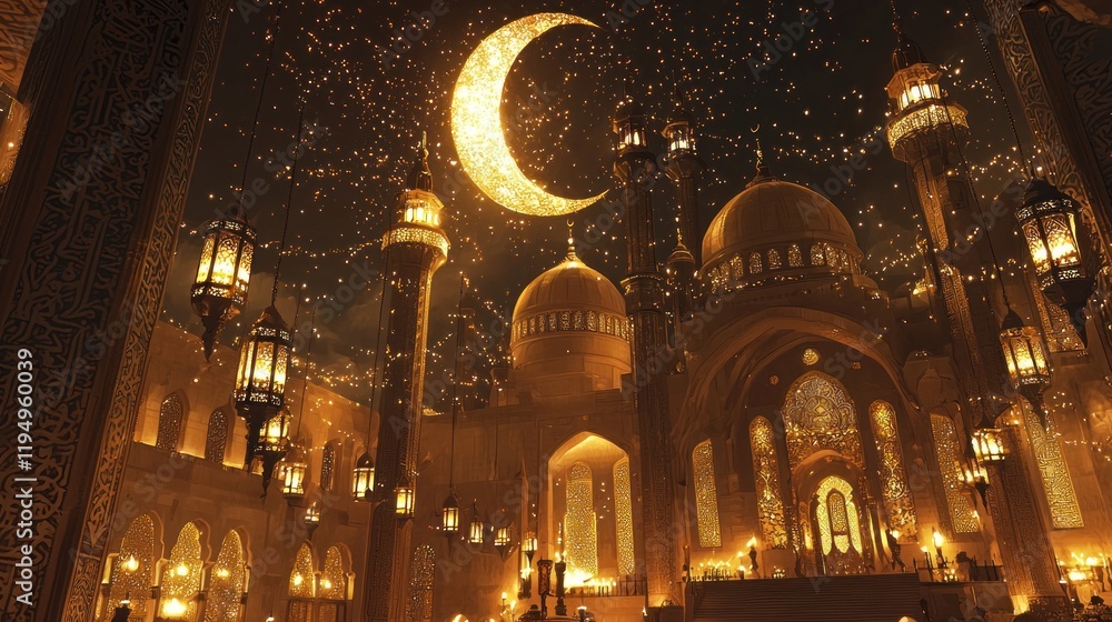 Obraz premium Illuminated Mosque under Crescent Moon: A Night of Ramadan