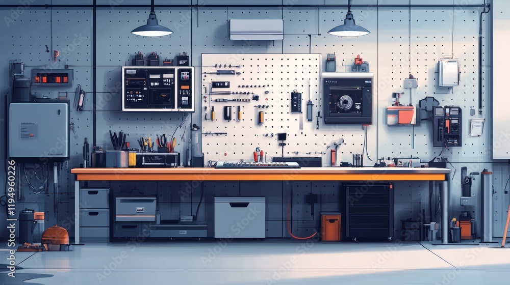 Organized workshop with tools and equipment on pegboard wall. Organized workshop with tools and equipment on pegboard wall.