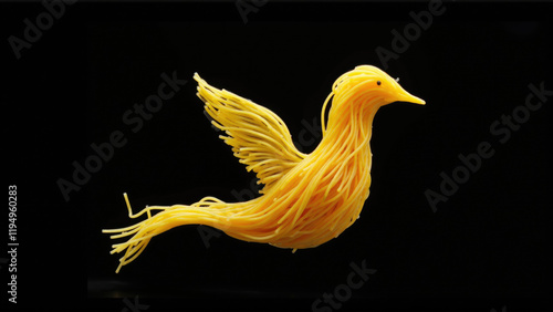 Unique bird made of yellow spaghetti noodles flying against a black background