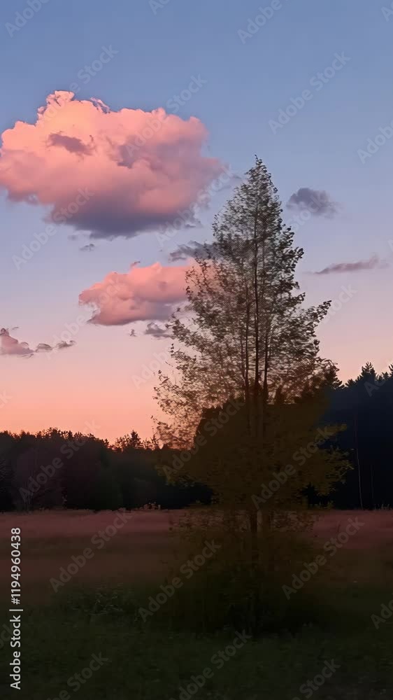 Beautiful sunset over a tranquil field with a tall tree and soft pink clouds in the sky Beautiful sunset over a tranquil field with a tall tree and soft pink clouds in the sky