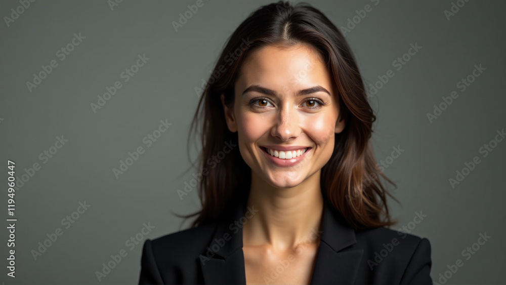 Obraz premium Confident woman smiling in professional attire against a neutral background during a studio photoshoot