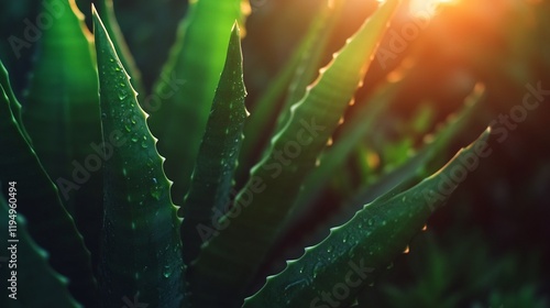 Aloe Vera Plant in Sunset Light: A Close-Up View of Dew-Covered Leaves