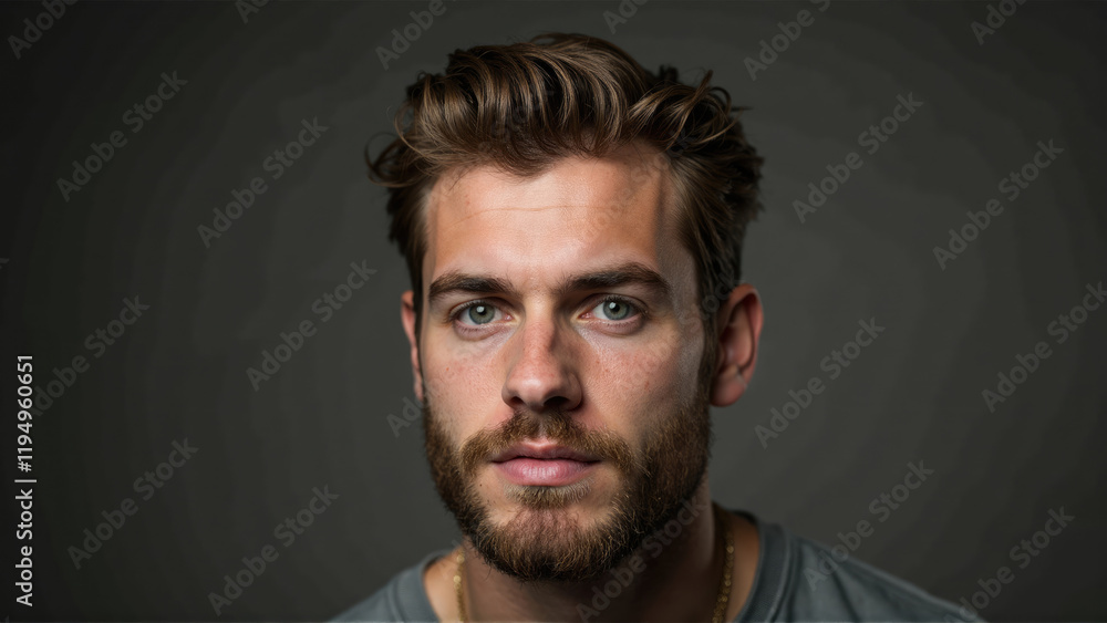 Young man with beard and expressive eyes gazes thoughtfully at the camera in a dimly lit space Young man with beard and expressive eyes gazes thoughtfully at the camera in a dimly lit space