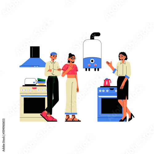 Couple Buying Appliances In Modern Kitchen Setting In Flat Vector Illustration Symbolizing Home Shopping, Consumer Choices, And Household Decisions, Isolated On White Background