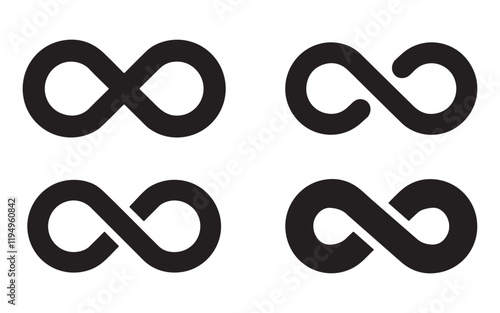 Simple flat black infinity symbols. Design elements for unlimited infinity, endless, eternity, loop, discontinuation, and repetition concepts. Vector illustration