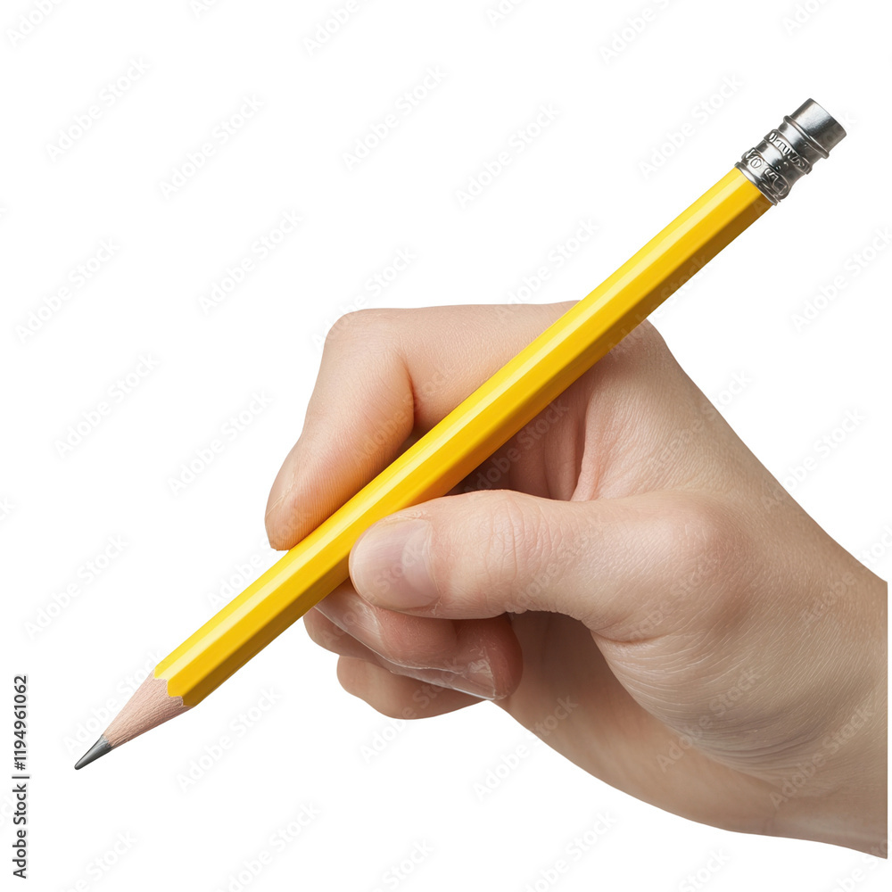 Hand holding yellow pencil transparent background creative design minimalist style close-up view Hand holding yellow pencil transparent background creative design minimalist style close-up view