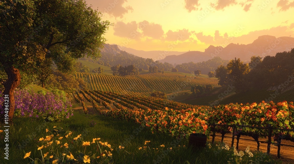 Naklejka premium Scenic vineyard landscape at sunset with rolling hills and flowers.