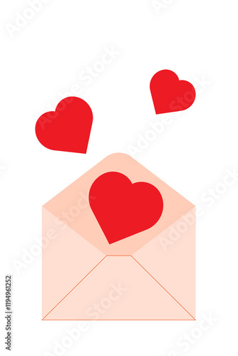 Open cream beige envelope with red hearts flying out of it. Fun vector illustration on transparent background. Valentine's Day art for love letters, romantic designs, greeting cards, social media photo