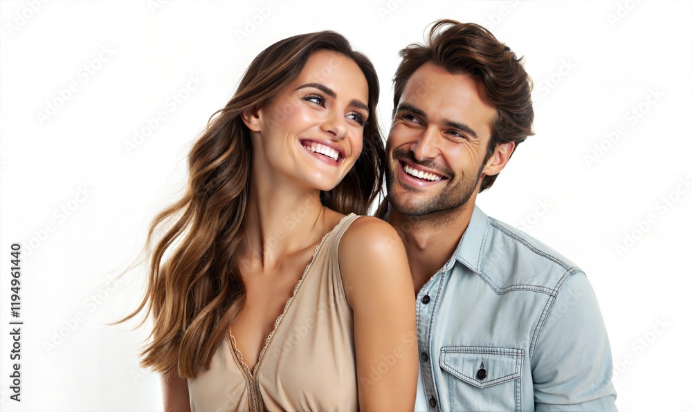 Happy Couple Smiling in Casual Clothing - Attractive man and woman smiling together in casual attire, radiating joy and connection against a bright white background.
Happy Couple Smiling in Casual Clothing - Attractive man and woman smiling together in casual attire, radiating joy and connection against a bright white background.