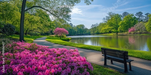 Scenic park with vibrant pink azaleas in foreground beside tranquil lake surrounded by lush green trees under a blue sky on a sunny day photo