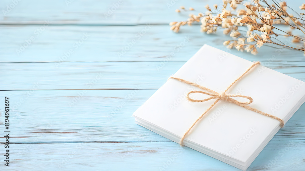 Fototapeta premium A stack of white envelopes tied with natural twine on a blue wooden surface, ideal for rustic wedding invitations, heartfelt messages, or creative packaging designs. Selective focus